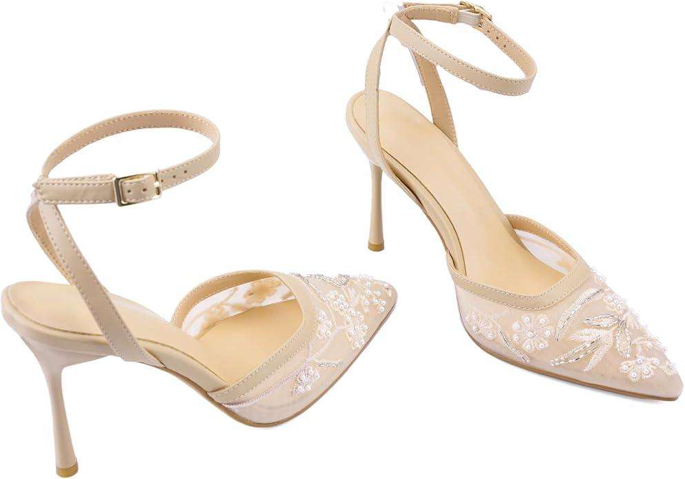 Brown Mesh Heels For Women Pointed Closed Toe Ankle Strap Wedding Party Stiletto Slingback Pumps