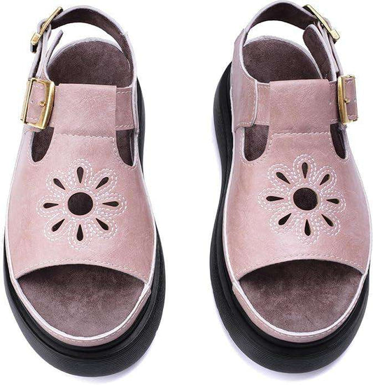 Women's Floral Brown Platform Sandals Adjustable Buckle with Non-Slip Sole T-Strap Comfort Open Toe Slip On Summer Beach Sandals