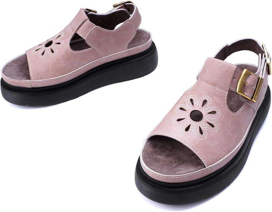 Women's Floral Brown Platform Sandals Adjustable Buckle with Non-Slip Sole T-Strap Comfort Open Toe Slip On Summer Beach Sandals