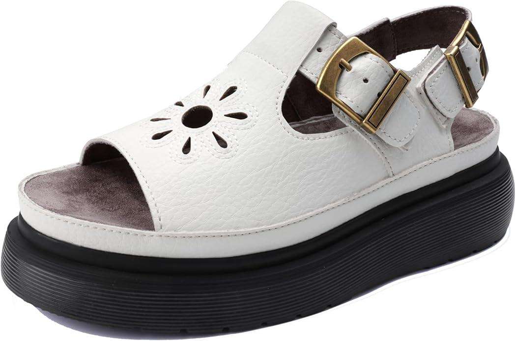 Women's Floral Brown Platform Sandals Adjustable Buckle with Non-Slip Sole T-Strap Comfort Open Toe Slip On Summer Beach Sandals