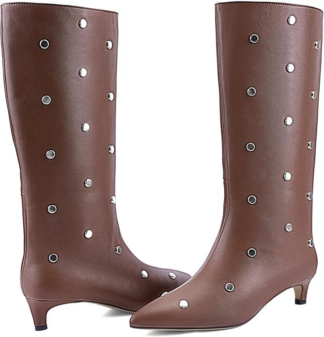 JilTrdWei Studded Mid Wide Calf Boots for Women Kitten Heel Knee High Boots Pointed Toe with Zipper