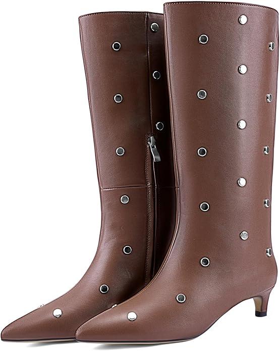 JilTrdWei Studded Mid Wide Calf Boots for Women Kitten Heel Knee High Boots Pointed Toe with Zipper