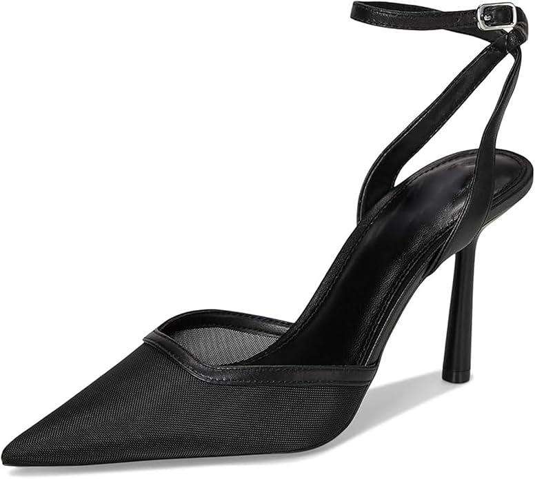 Brown Mesh Heels For Women Pointed Closed Toe Ankle Strap Wedding Party Stiletto Slingback Pumps