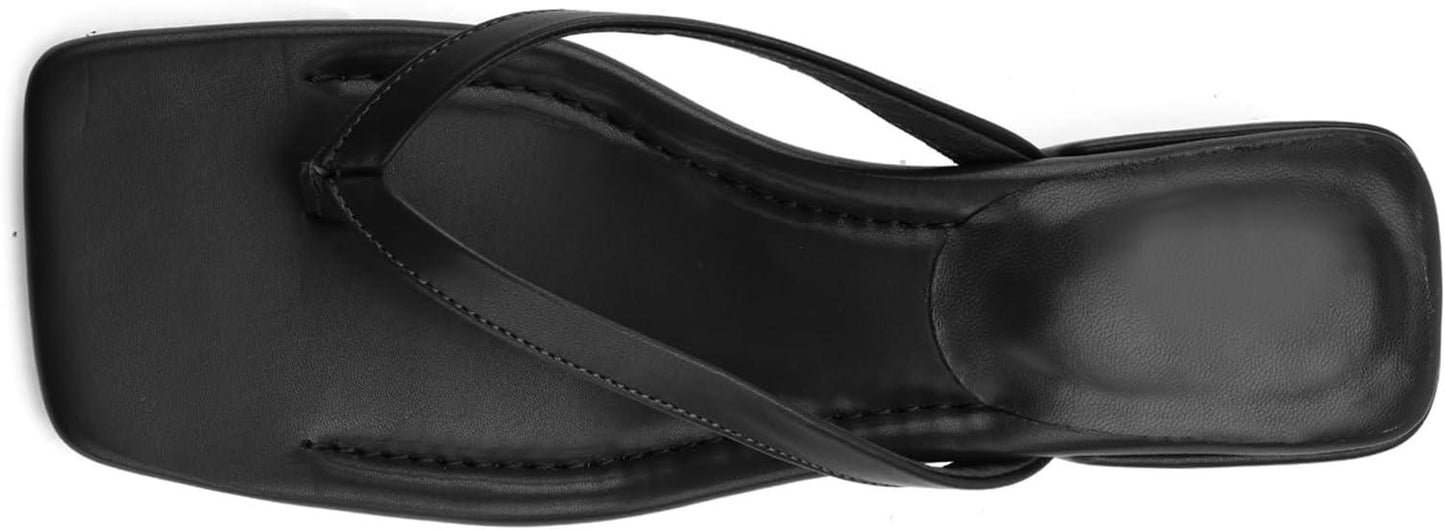 Women Flip Flops Squared Toe Chunky Low Heels Thong Sandals Slip On For Casual Summer Beach Slides