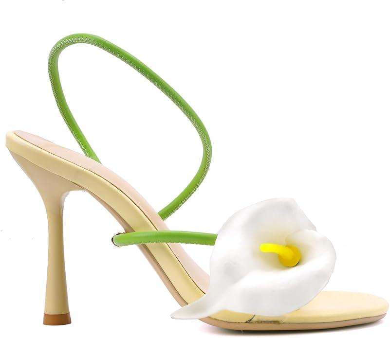 Flower High Heels for Women Calla Lily Open Toe Floral Stilettos Heels Sexy Strappy Heeled Sandals Wedding Birthday Dressy
