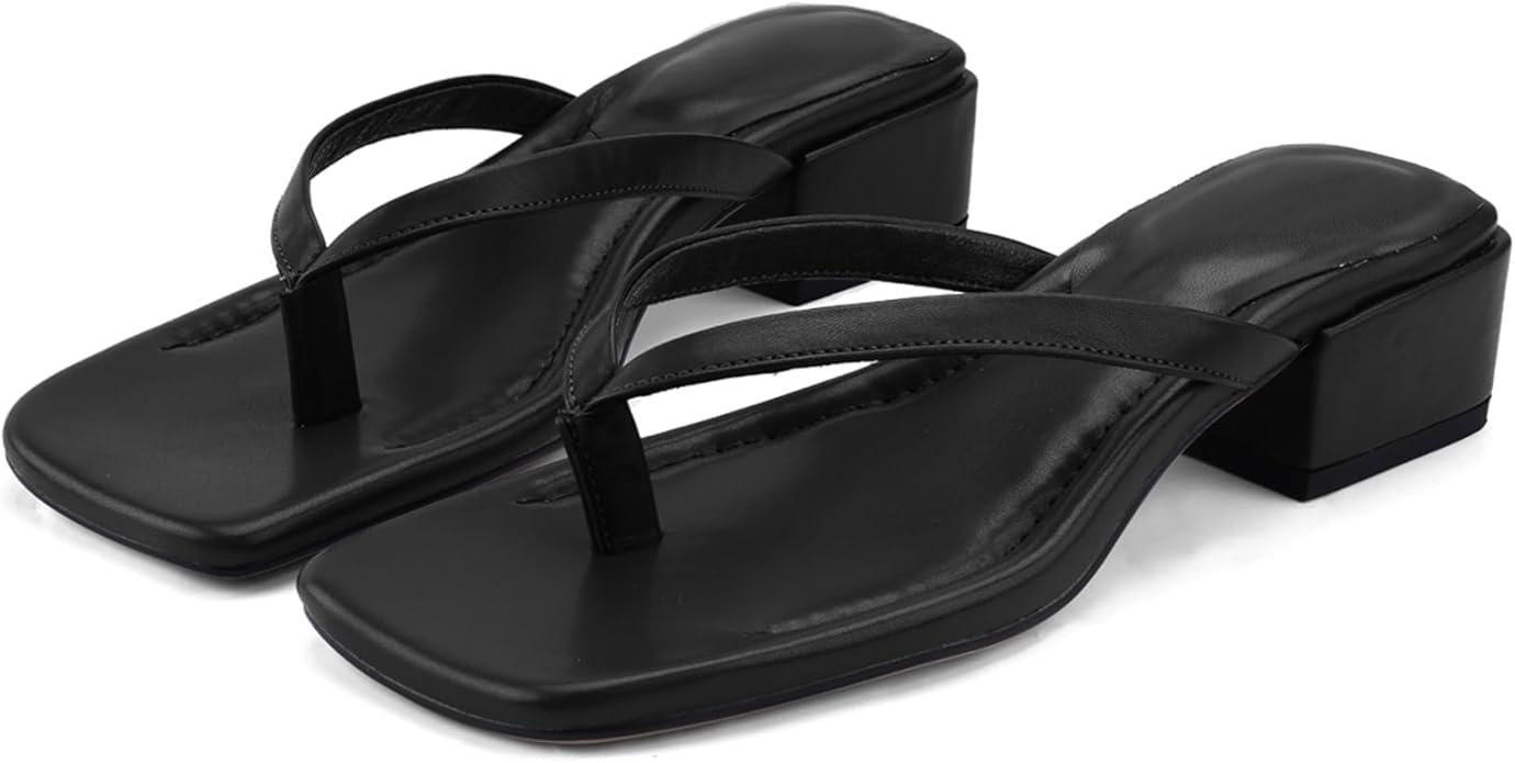 Women Flip Flops Squared Toe Chunky Low Heels Thong Sandals Slip On For Casual Summer Beach Slides