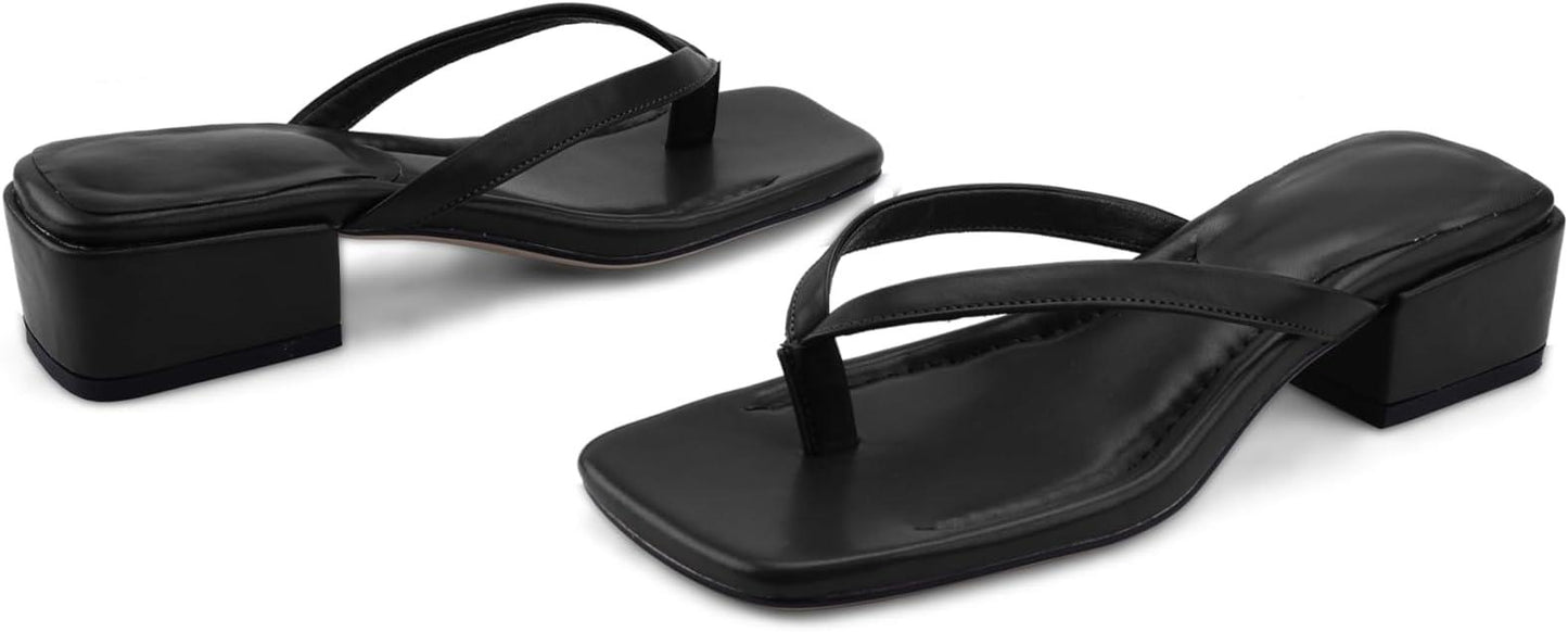 Women Flip Flops Squared Toe Chunky Low Heels Thong Sandals Slip On For Casual Summer Beach Slides