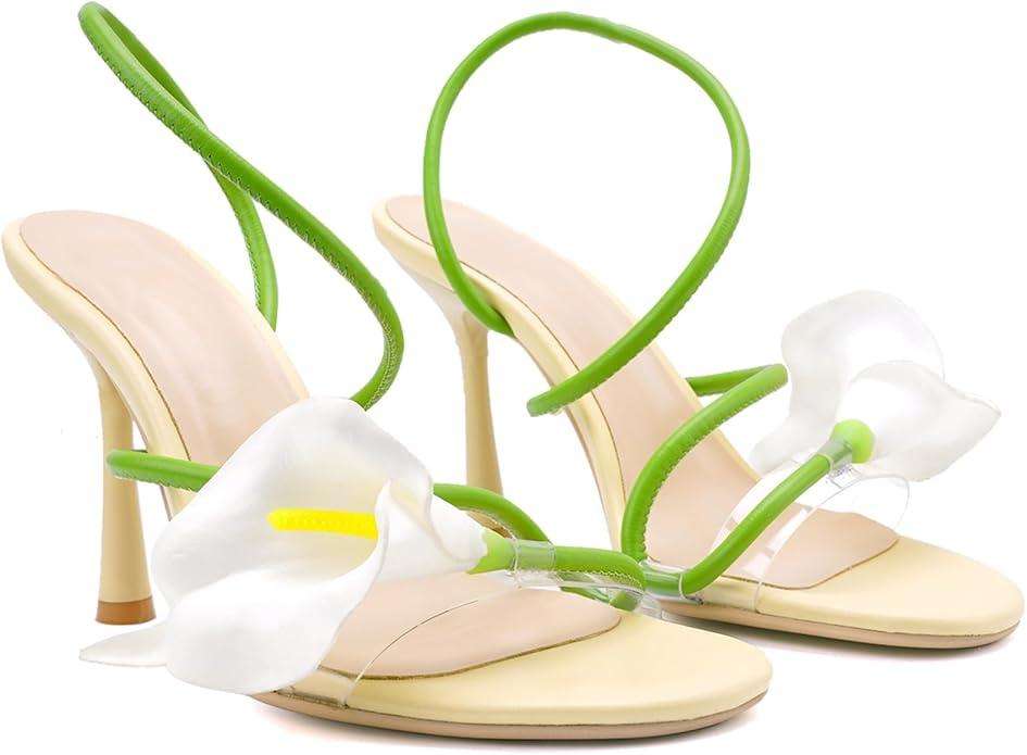 Flower High Heels for Women Calla Lily Open Toe Floral Stilettos Heels Sexy Strappy Heeled Sandals Wedding Birthday Dressy