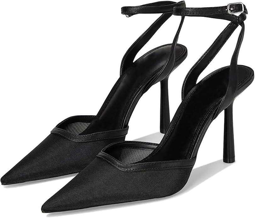Brown Mesh Heels For Women Pointed Closed Toe Ankle Strap Wedding Party Stiletto Slingback Pumps