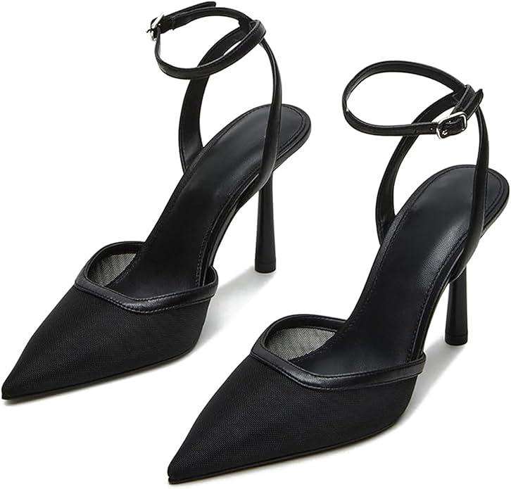 Brown Mesh Heels For Women Pointed Closed Toe Ankle Strap Wedding Party Stiletto Slingback Pumps
