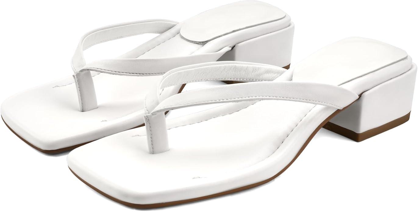 Women Flip Flops Squared Toe Chunky Low Heels Thong Sandals Slip On For Casual Summer Beach Slides