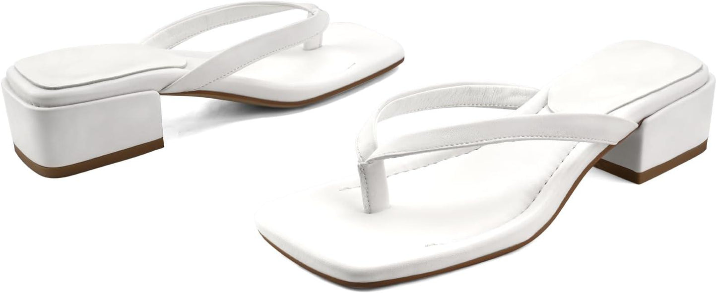 Women Flip Flops Squared Toe Chunky Low Heels Thong Sandals Slip On For Casual Summer Beach Slides