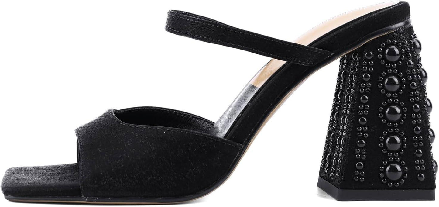 Women Chunky Heel Sandals Pearl Squared Toe Slip On Block Mid Heels Sandals For Wedding Dress Bride-