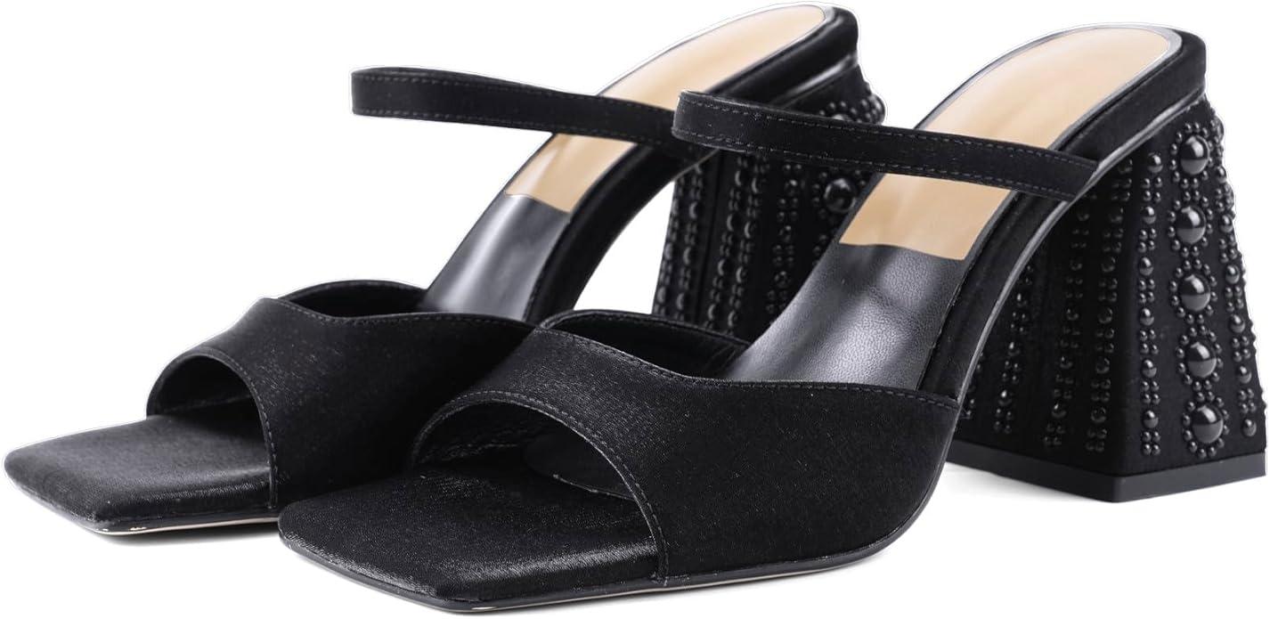 Women Chunky Heel Sandals Pearl Squared Toe Slip On Block Mid Heels Sandals For Wedding Dress Bride-