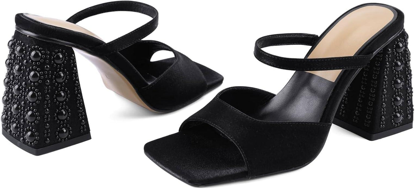 Women Chunky Heel Sandals Pearl Squared Toe Slip On Block Mid Heels Sandals For Wedding Dress Bride-