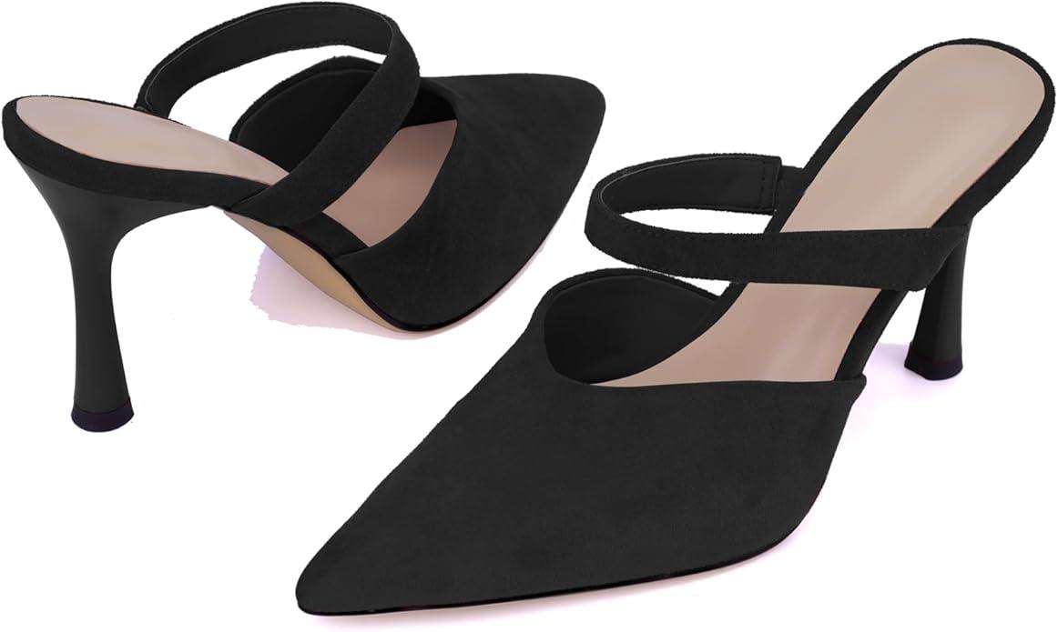 Mesh Kitten Heels for Women Slip On Pointed Closed Toe Mules Heeled Sandals Cute Pumps Dress Party