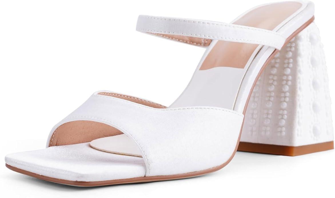 Women Chunky Heel Sandals Pearl Squared Toe Slip On Block Mid Heels Sandals For Wedding Dress Bride-