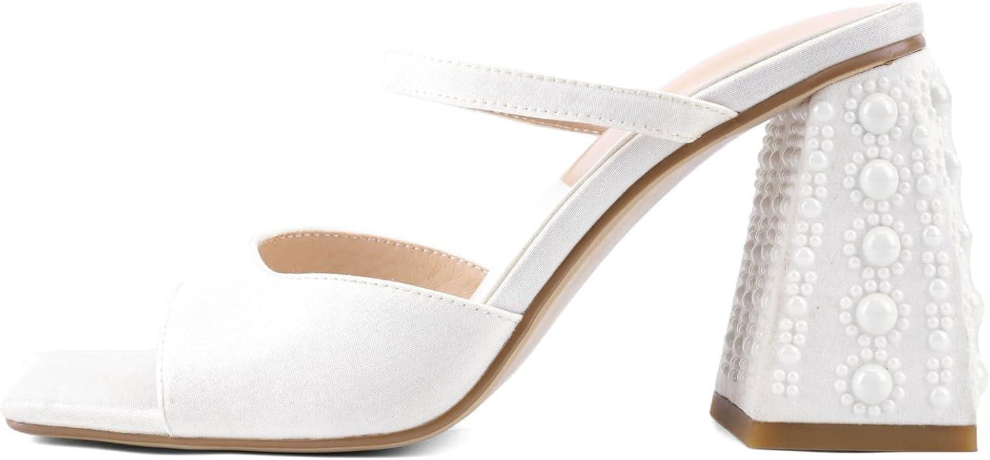 Women Chunky Heel Sandals Pearl Squared Toe Slip On Block Mid Heels Sandals For Wedding Dress Bride-