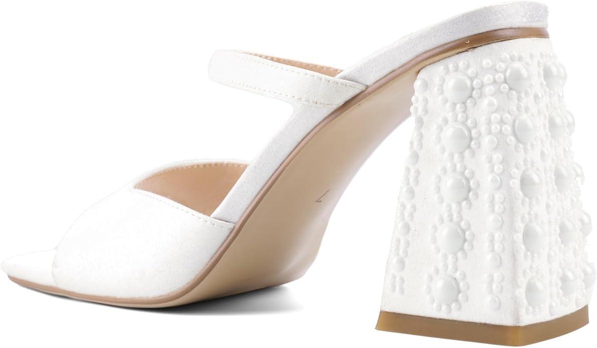 Women Chunky Heel Sandals Pearl Squared Toe Slip On Block Mid Heels Sandals For Wedding Dress Bride-