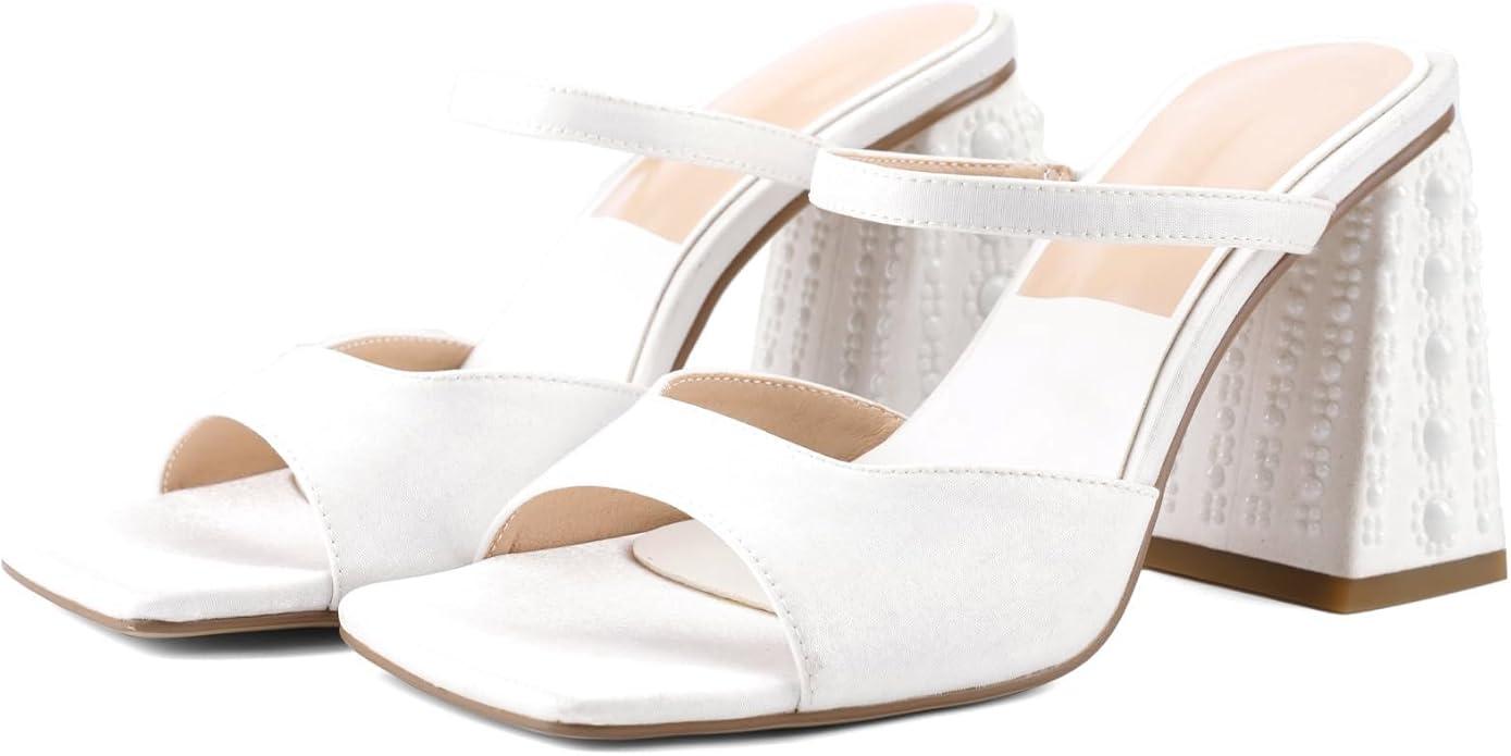Women Chunky Heel Sandals Pearl Squared Toe Slip On Block Mid Heels Sandals For Wedding Dress Bride-