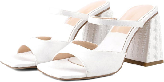 Women Chunky Heel Sandals Pearl Squared Toe Slip On Block Mid Heels Sandals For Wedding Dress Bride-