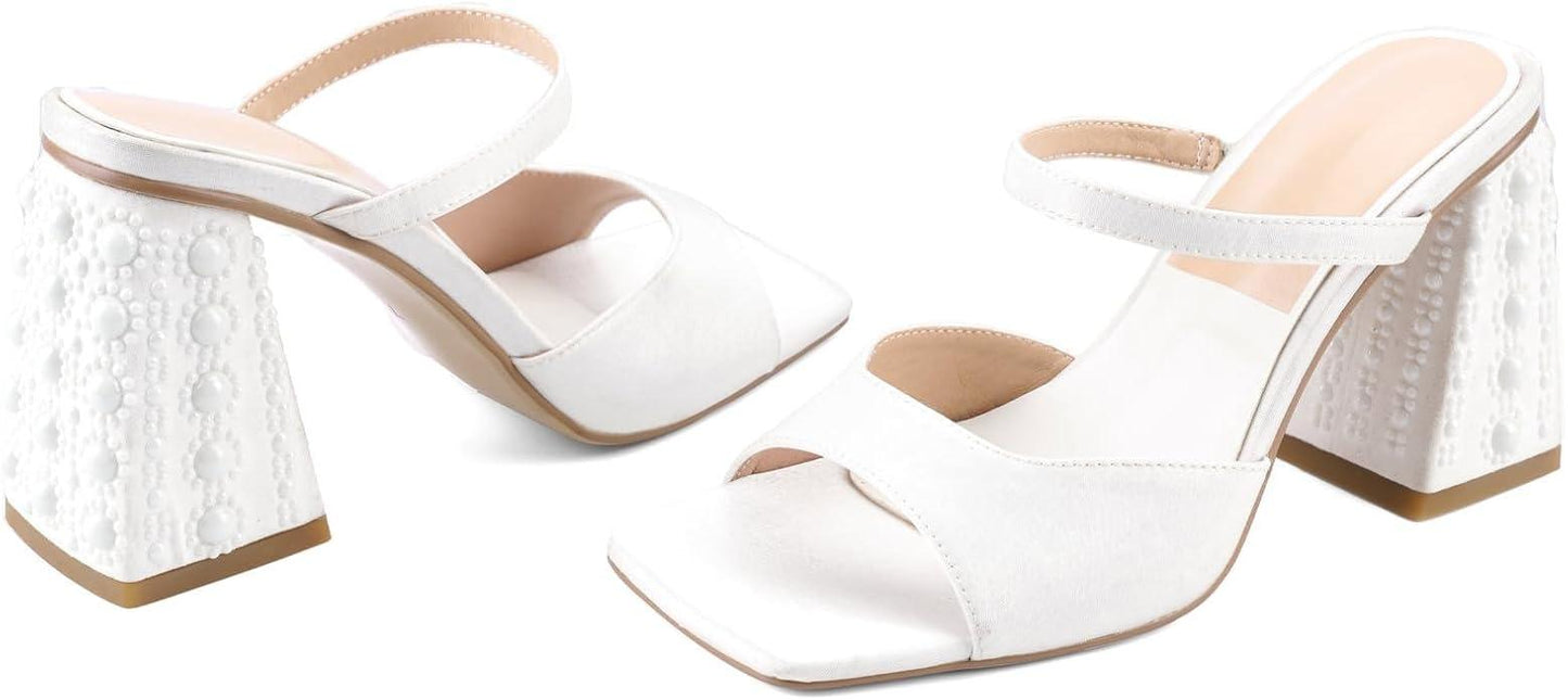 Women Chunky Heel Sandals Pearl Squared Toe Slip On Block Mid Heels Sandals For Wedding Dress Bride-
