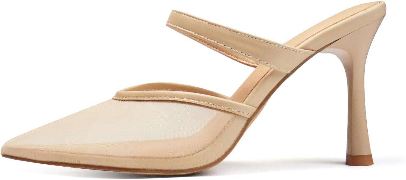Mesh Kitten Heels for Women Slip On Pointed Closed Toe Mules Heeled Sandals Cute Pumps Dress Party