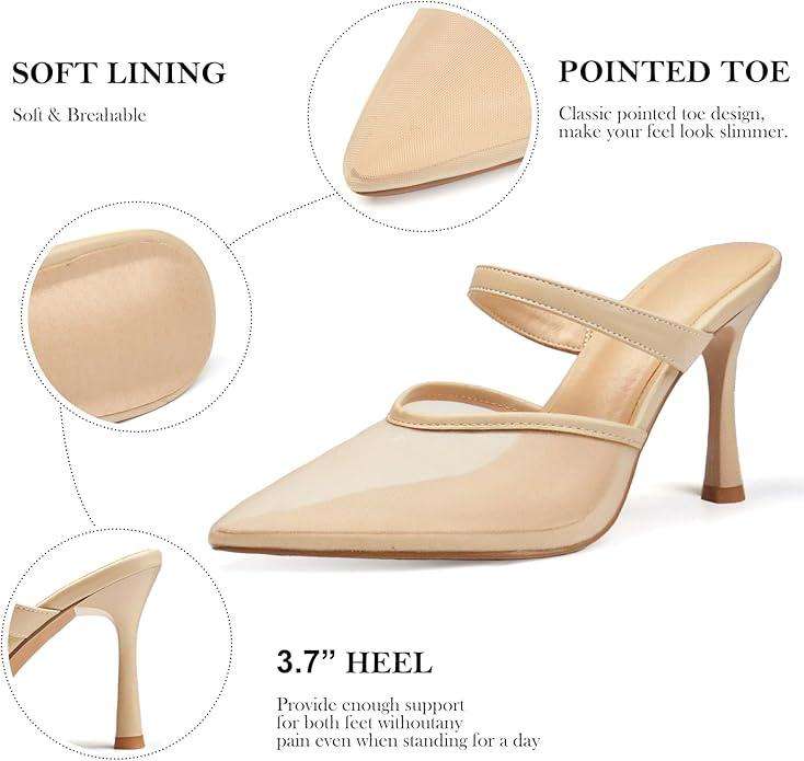 Mesh Kitten Heels for Women Slip On Pointed Closed Toe Mules Heeled Sandals Cute Pumps Dress Party