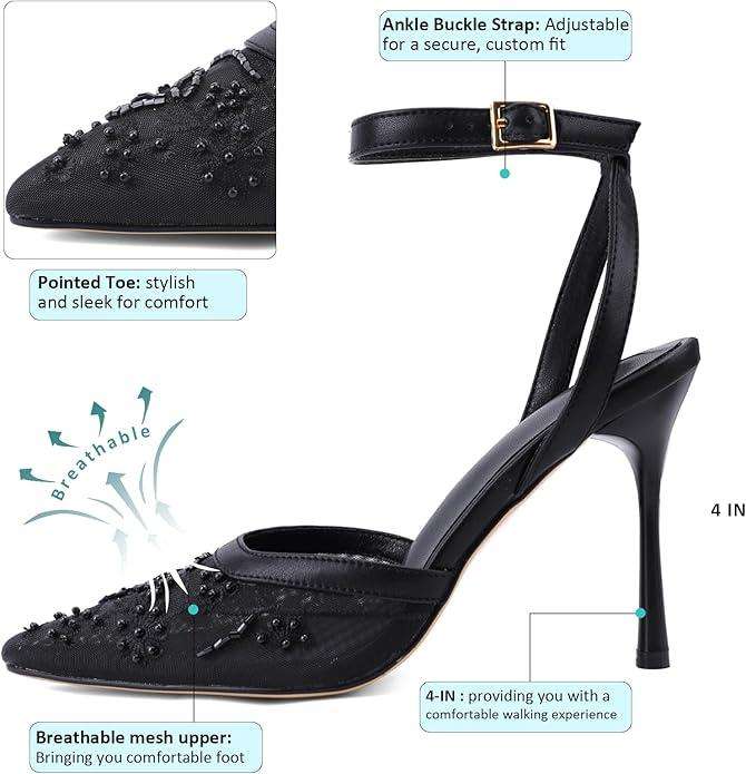 Brown Mesh Heels For Women Pointed Closed Toe Ankle Strap Wedding Party Stiletto Slingback Pumps