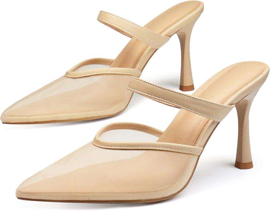 Mesh Kitten Heels for Women Slip On Pointed Closed Toe Mules Heeled Sandals Cute Pumps Dress Party
