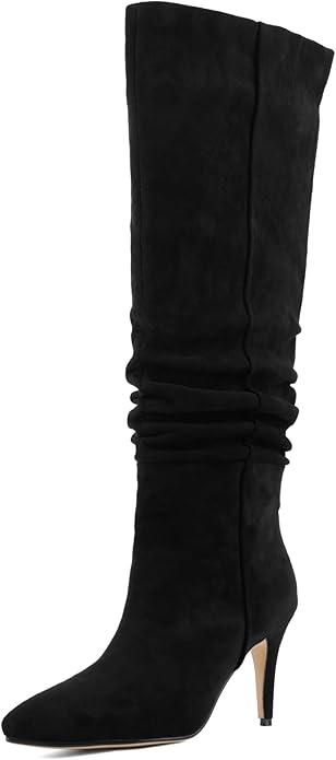 Women's Faux Suede Pointed Toe Stiletto Heel Slouchy Knee-High Boots-Multiple Colors (Beige,Black,Burgundy,Apricot) Elegant Dress Casual Footwear