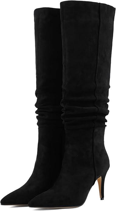 Women's Faux Suede Pointed Toe Stiletto Heel Slouchy Knee-High Boots-Multiple Colors (Beige,Black,Burgundy,Apricot) Elegant Dress Casual Footwear