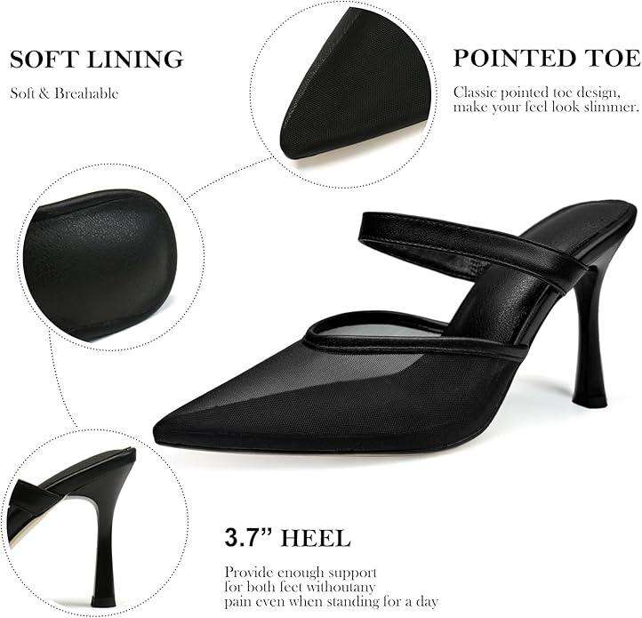 Mesh Kitten Heels for Women Slip On Pointed Closed Toe Mules Heeled Sandals Cute Pumps Dress Party