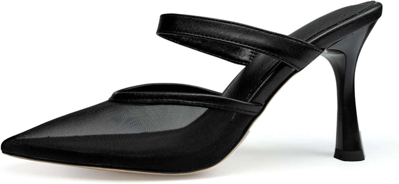 Mesh Kitten Heels for Women Slip On Pointed Closed Toe Mules Heeled Sandals Cute Pumps Dress Party