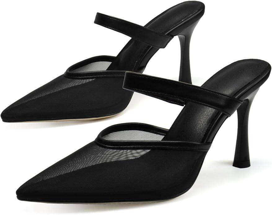 Mesh Kitten Heels for Women Slip On Pointed Closed Toe Mules Heeled Sandals Cute Pumps Dress Party