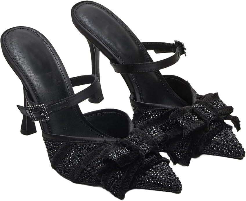 Mesh Kitten Heels for Women Slip On Pointed Closed Toe Mules Heeled Sandals Cute Pumps Dress Party