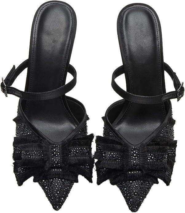 Mesh Kitten Heels for Women Slip On Pointed Closed Toe Mules Heeled Sandals Cute Pumps Dress Party