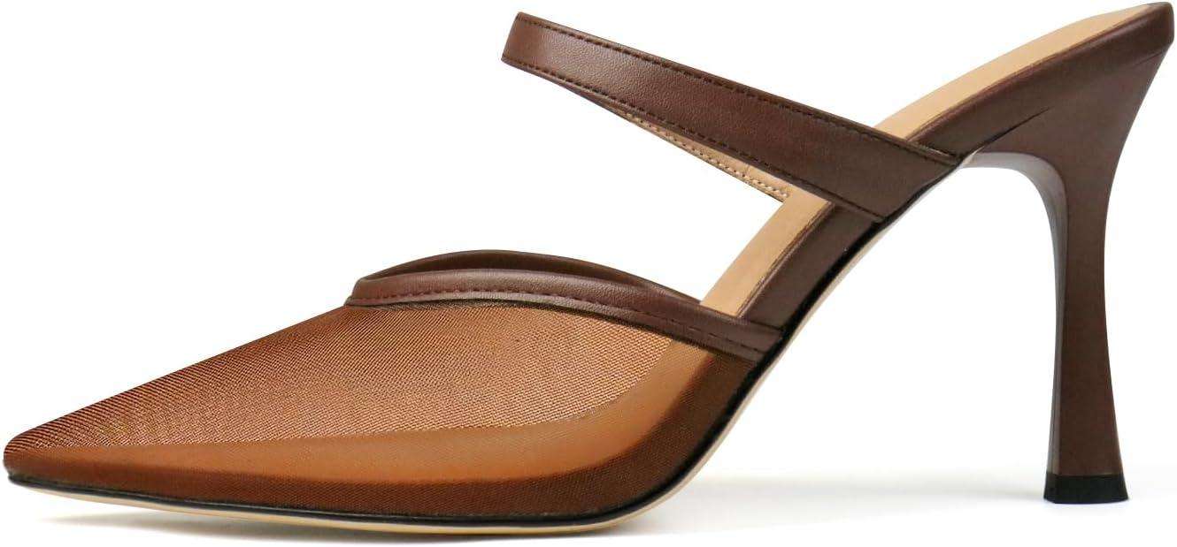 Mesh Kitten Heels for Women Slip On Pointed Closed Toe Mules Heeled Sandals Cute Pumps Dress Party