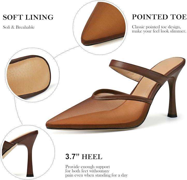 Mesh Kitten Heels for Women Slip On Pointed Closed Toe Mules Heeled Sandals Cute Pumps Dress Party