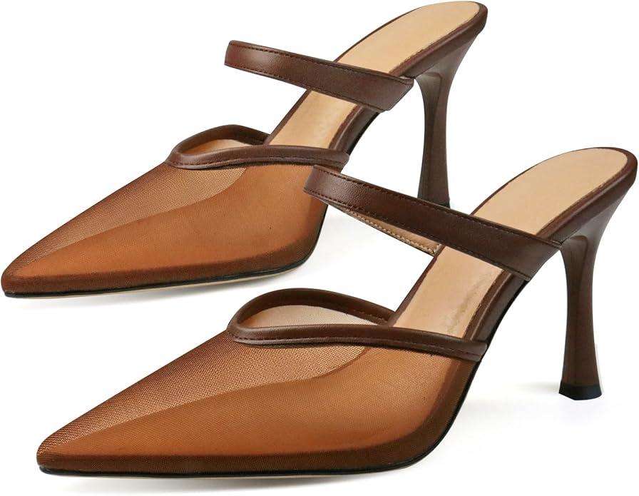 Mesh Kitten Heels for Women Slip On Pointed Closed Toe Mules Heeled Sandals Cute Pumps Dress Party