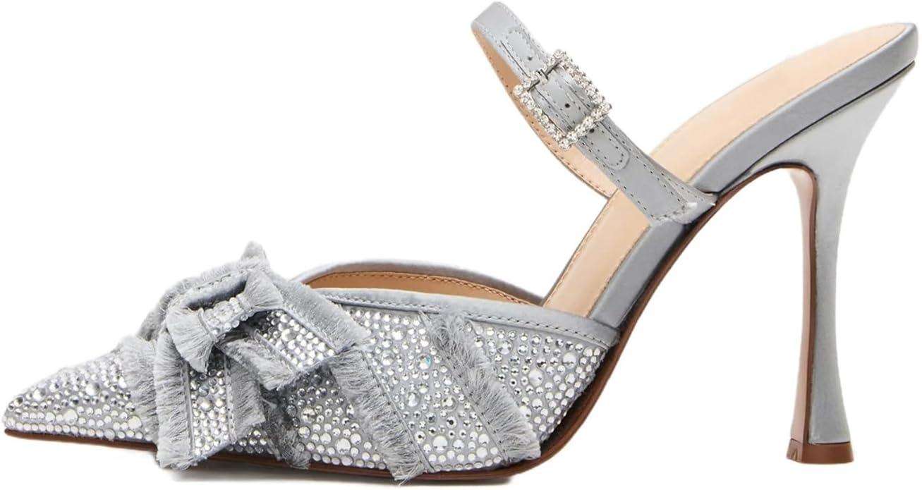 Mesh Kitten Heels for Women Slip On Pointed Closed Toe Mules Heeled Sandals Cute Pumps Dress Party