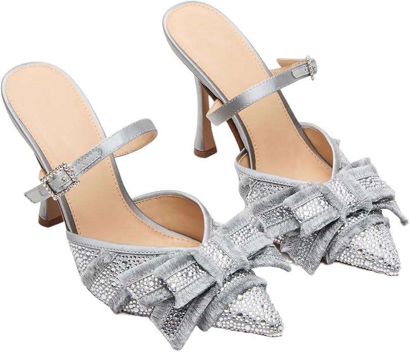 Mesh Kitten Heels for Women Slip On Pointed Closed Toe Mules Heeled Sandals Cute Pumps Dress Party