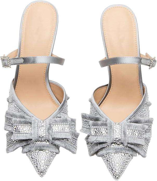 Mesh Kitten Heels for Women Slip On Pointed Closed Toe Mules Heeled Sandals Cute Pumps Dress Party