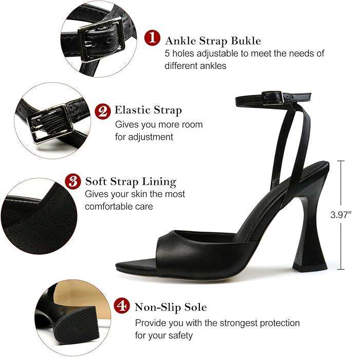 Black High Heels for Women Strappy Pointed Open Toe Heels Ankle Strap Kitten Heeled Sandals Wedding Bridal Party Prom Sexy Dress Shoes
