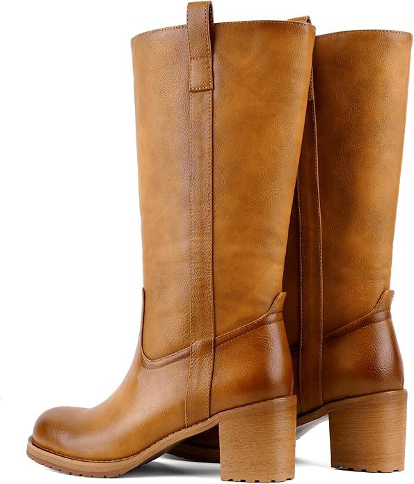 Women's Knee-High Boots Round Toe Mid Calf Chunky Block Low Heel Pull on Soft Leather,with Comfortable or Fall Winter Fashion