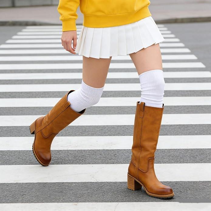Women's Knee-High Boots Round Toe Mid Calf Chunky Block Low Heel Pull on Soft Leather,with Comfortable or Fall Winter Fashion