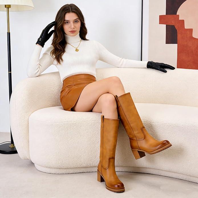 Women's Knee-High Boots Round Toe Mid Calf Chunky Block Low Heel Pull on Soft Leather,with Comfortable or Fall Winter Fashion