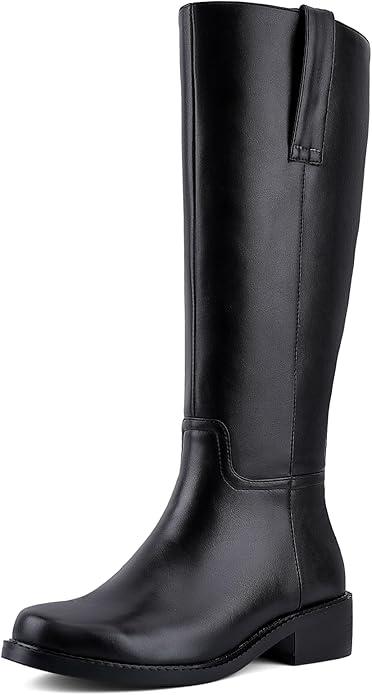 Women's Square Toe Chunky Heel PU Leather Knee-High Boots Multiple Colors (Black,Burgundy,Yellow,Brown) Stylish Casual & Dress Footwear