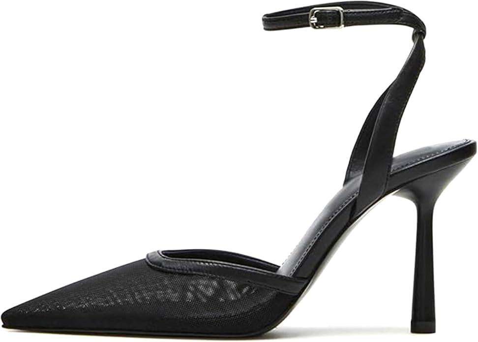 Brown Mesh Heels For Women Pointed Closed Toe Ankle Strap Wedding Party Stiletto Slingback Pumps