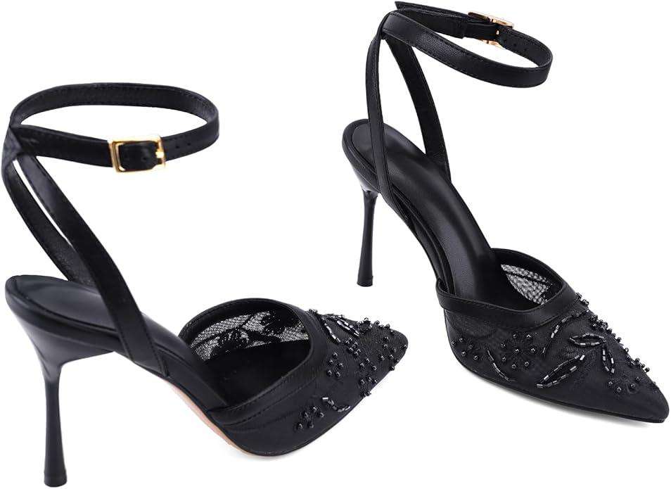 Brown Mesh Heels For Women Pointed Closed Toe Ankle Strap Wedding Party Stiletto Slingback Pumps